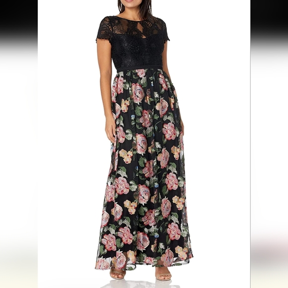 NWT Adrianna Papell formal black lace embroidered maxi dress - Picture 1 of 13